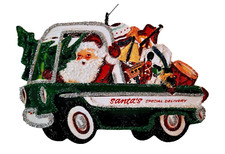 SANTA in GREEN TRUCK Full of TOYS  Glitter CHRISTMAS ORNAMENT  Vtg Img