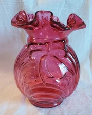 Fenton Art Glass Country Cranberry Caprice Drape Bow Vase Mint