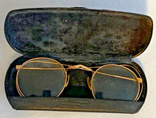 Antique Vintage Gold Wire Frame Glass Lens Glasses w/ Slim Hard Case