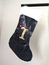 Christmas Stocking Gray Monogrammed Letter I in Gold Soft Velvet 20" NEW