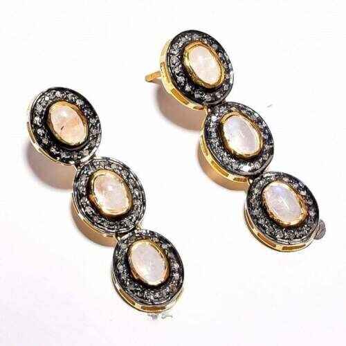 Designer Drop Earrings Natural Opal & Pave Diamond Earrings Victorian Jewelry.