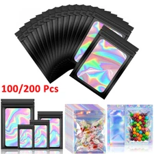 100/200 Holographic Mylar Foil Bags Smell Proof Resealable Zip Pouches Black