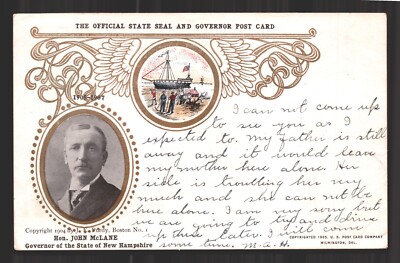 John McLane Governor State Seal New Hampshire Antique Postcard Undivided 1906