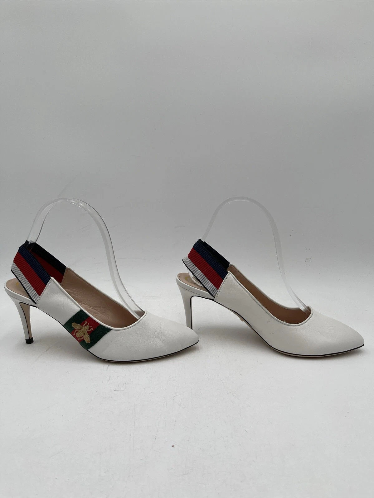 Escarpins Gucci Sylvie cuir toile à bride blanc/multi taille 7B