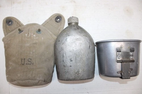US Military Issue WW2 1918 Metal Water Canteen 1941 Canvas Pouch and Cup  JC14
