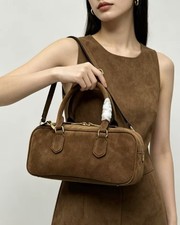 Brown Suede Women's Satchel Top Handle Bag Gold Hardware Double Handles Zip