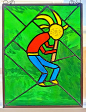 Vintage Stained Glass Kokopelli Sun Catcher Southwest Boho 10x13 Native Flute