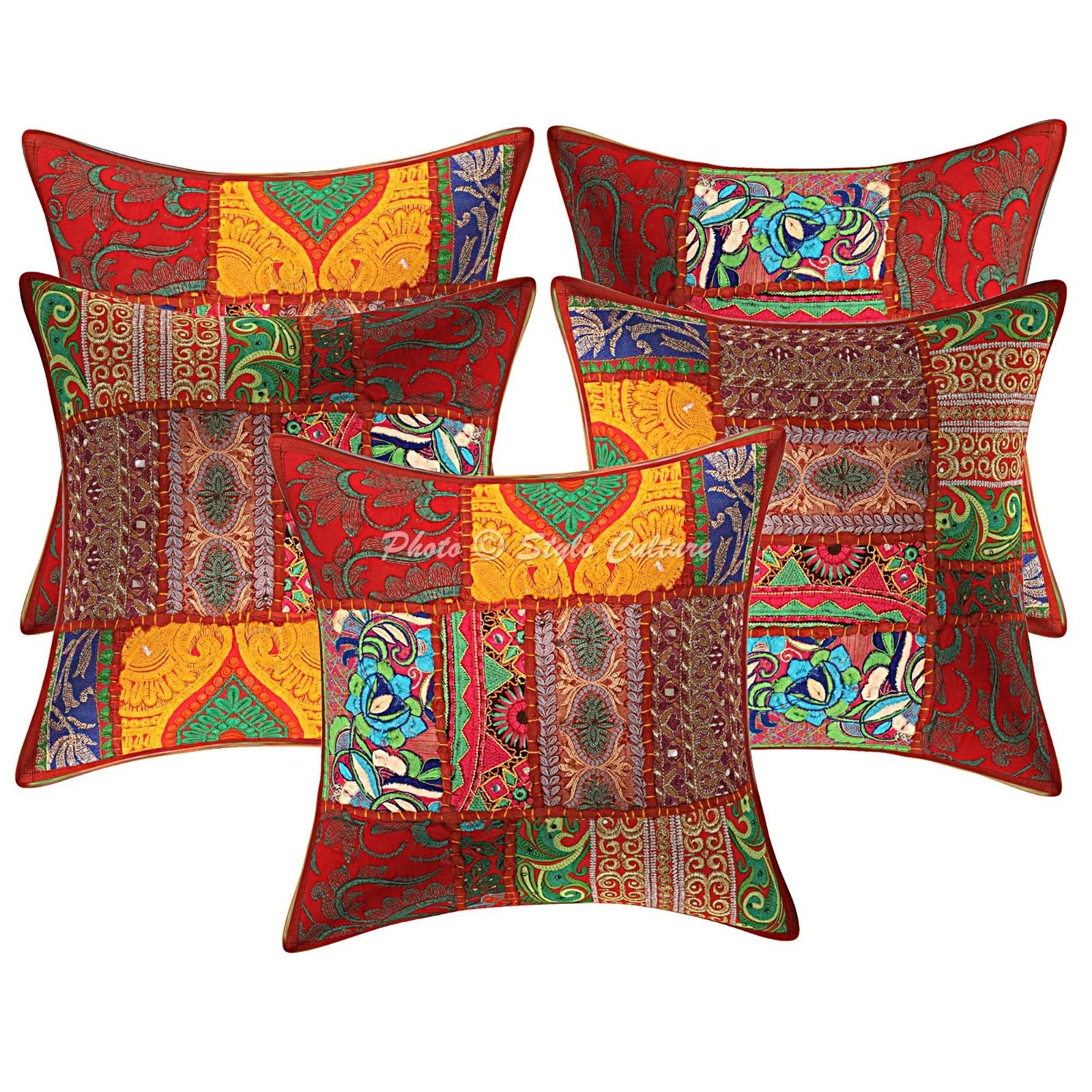 Bohemian Vintage Throw Pillow Covers Cotton Maroon Patchwork Home Decor 30x30 cm
