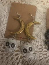 Stainless Steel Resin Halloween Moon & Skull Hook Earrings Women Pierced Ears