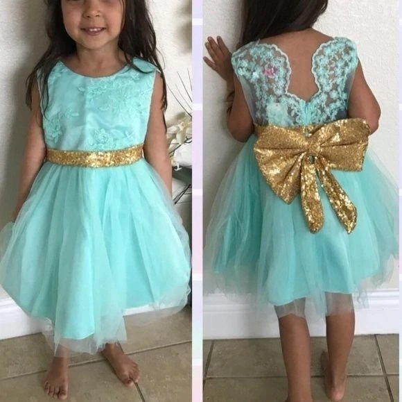 Aqua Lace & Tulle Flower Girl Dress With Gold Sequin Bow sz 110 3/4 Formal Wear
