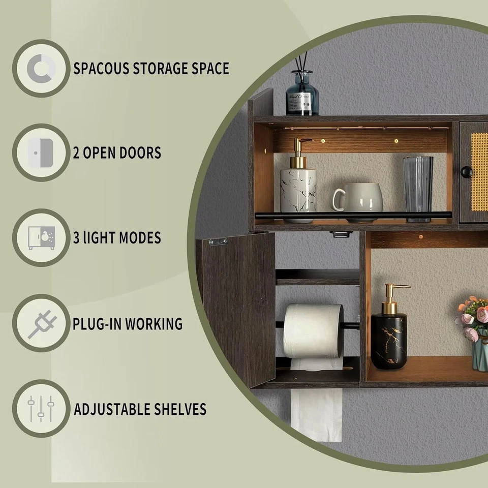 Mueble de Baño Montado en Pared con Luz LED Estantes Flotantes Organizador 23"x21" Foto 4 de 4