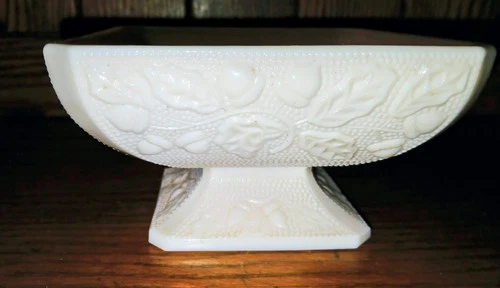 Jeanette Shell Pink Milk Glass Candy Dish Acorn and Leaf Pattern Base