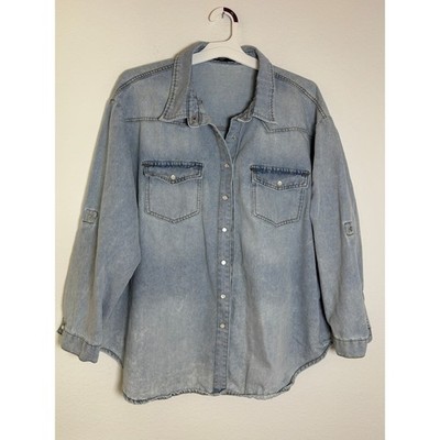 SHEIN CURVE Light Wash Denim Snap Front Western Shirt Plus 1XL Roll Tab Sleeve
