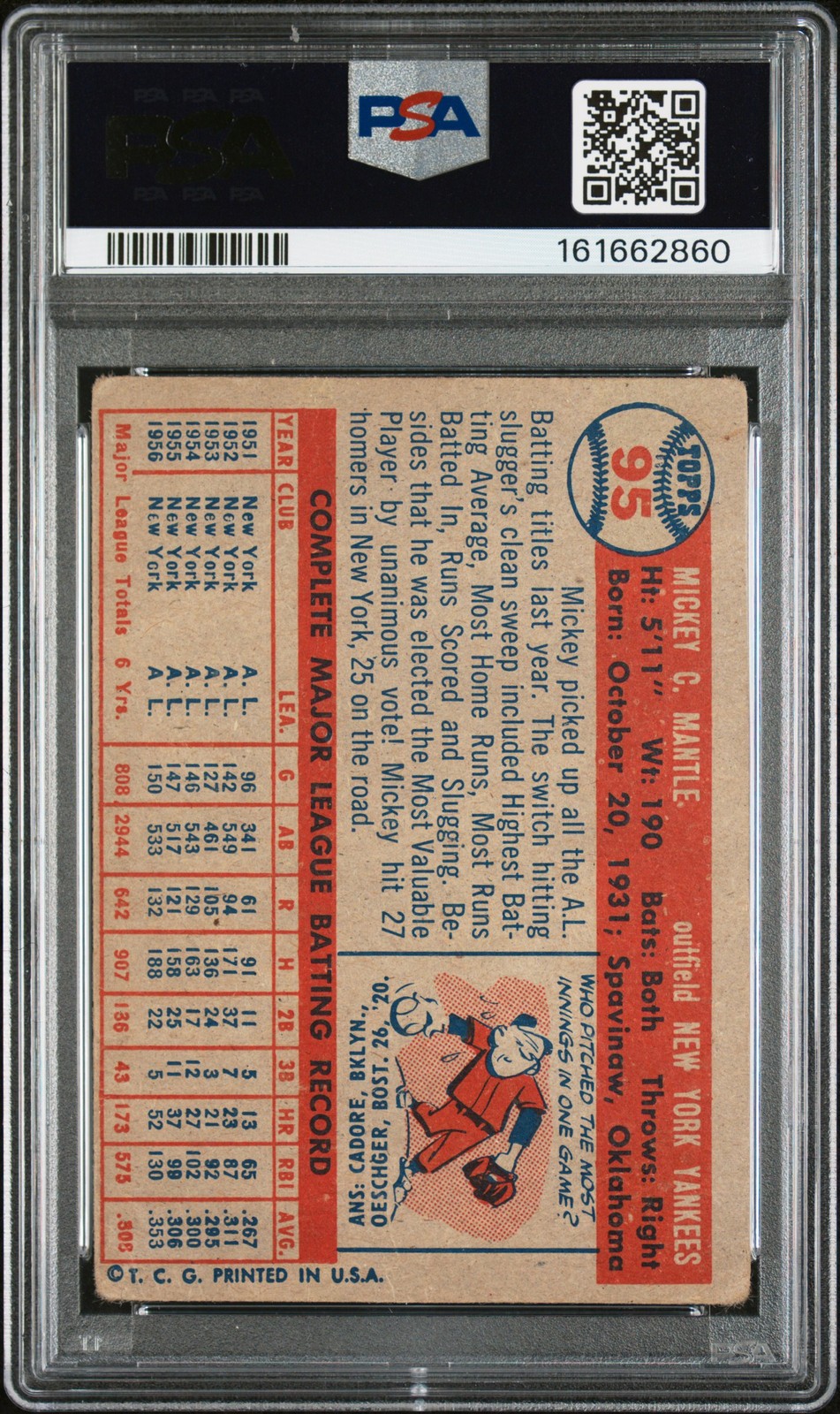 1957 Topps 95 Mickey Mantle PSA 1 161662860 view 2