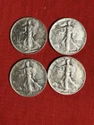US WALKING LIBERTY HALF DOLLARS, 90% SILVER, 4 EACH, USED