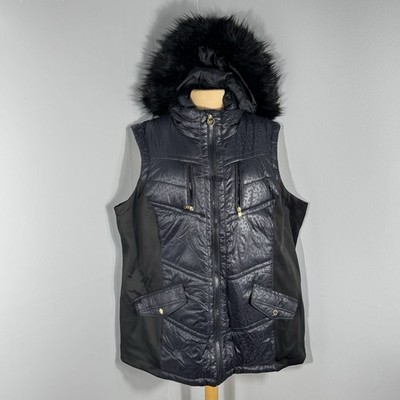 Michael Kors Sz 3XL Puffer Vest Faux Fur Detachable Hood Black Gold Hardware