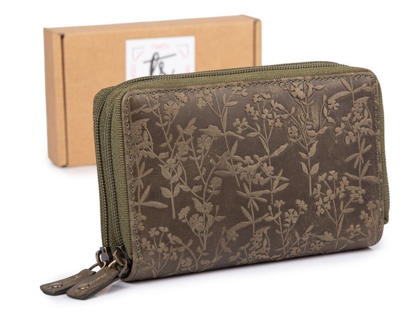 Ekavale Damen GeldböRse Portemonnaie Echt Leder Groß Blumenmuster GrüN-image