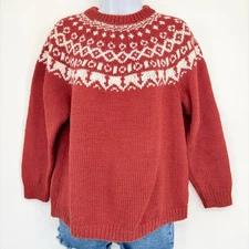 Cozy Fair Isle Knit Sweater Women Red White Nordic Pattern Pullover M Cottage