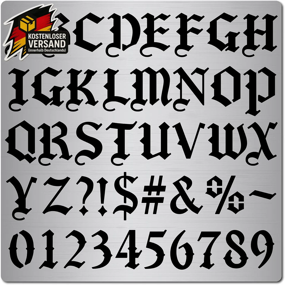 Gothic Schrift Schablone Metall für Malen Gravur Holz Brennen 16x16cm - Bild 1 von 4