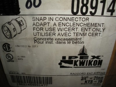 3/4'' 21mm ENT snap in connector lot of 80 Sceptor Ipex Kwikon KTS-5 089147