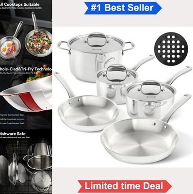 Stainless Steel Cookware Set 9 Piece Tri-Ply Induction Pots Pans Whole Clad