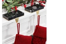 Pair of Black Marble Swirl & Gold Christmas Stocking Hangers Mantle Decor