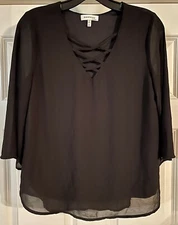 Monteau Los Angeles Chiffon Layered Size S Black Criss Cross Neckline Blouse 