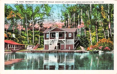 Iron Mountain Michigan Spread Eagle Railroad Lake Motel Resort Vtg Postcard E41