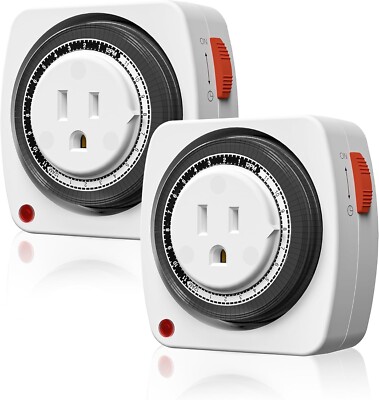 HBN Indoor Mini 24-Hour Mechanical Outlet Timer – 2-Pack, 30-Minute Intervals, 3-Prong, ETL Listed