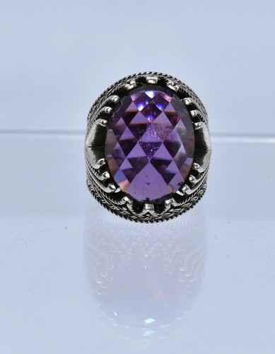 Checkerboard Cut Purple Stone Textured Sterling Silver Gent's Ring Size 9 - Picture 19 of 21