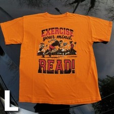 Vintage Exercise Your Mind Read Knowledge Education T Shirt Orange Size Large L
