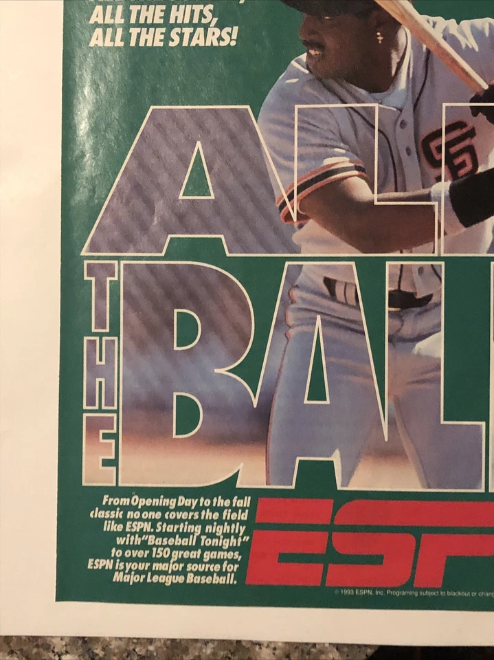 1993 ESPN Barry Bonds MLB Baseball PRINT AD TV Promo Opening Day Giants VTG 90s - Image 4 of 4