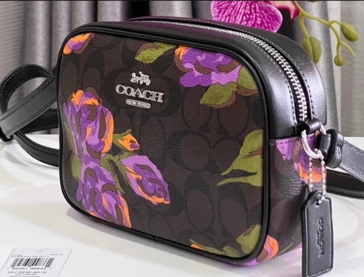 Mini borsa per fotocamera Jamie nuova con etichette Coach CL659 in tela firmata e pelle stampa rosa