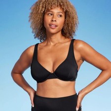 Shade Shore Ribbed Underwire Bikini Top Womens 38B Adjustable Straps Black