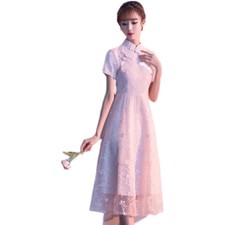 Women Embroidered Floral Mesh Midi Dress Wedding Bridesmaid Party Banquet Gown