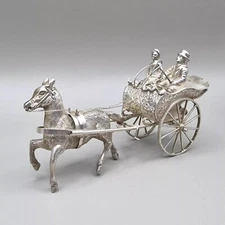 Dutch Miniature Solid Silver Couple Driving Horse and Carriage