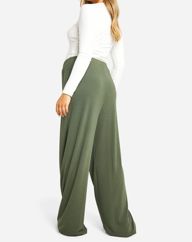 Boohoo Women's Maternity Rib Wide Leg Trouser Khaki Size 10 - Picture 12 of 16