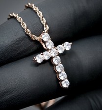 Mini Small Pink Rose Gold Iced Cz Elegant Cross Pendant Hip Hop Rope Necklace