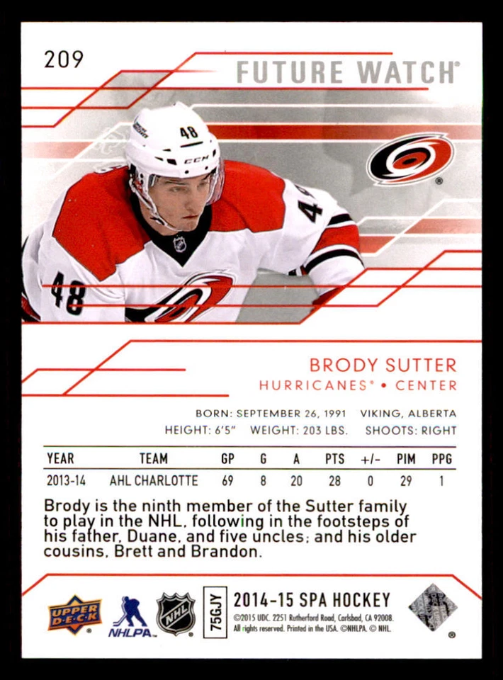 2014-15 SP Authentic #209 Brody Sutter RC /999 - Image 2 of 2