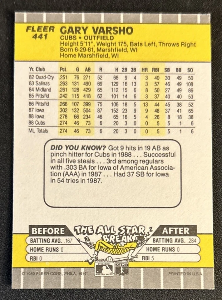 1989 Fleer Gary Varsho Baseball Rookie Card (RC) #441 Cubs OF VG O/C - Image 2 of 2