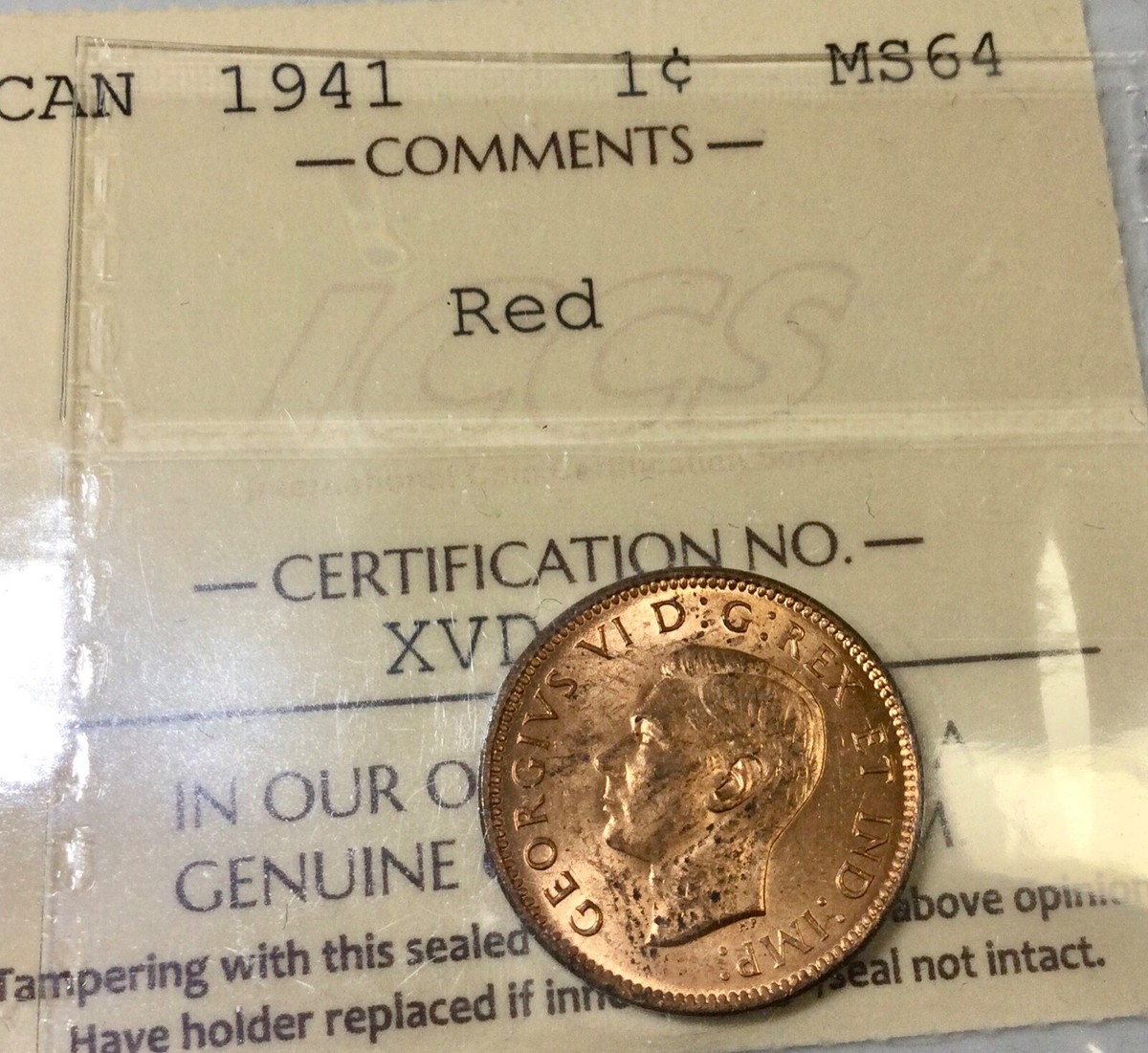 1941 Canada George VI Small Cent ICCS Graded MS64 Red XVD441 nice