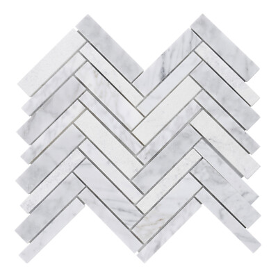 White Calacatta Stone Marble Texture Blended Herringbone Mosaic Tile Backsplash