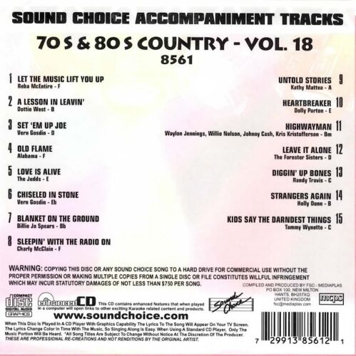SOUND CHOICE KARAOKE 70's & 80's COUNTRY v.18 cdg CD+G SC561 RARE 15 SONG OOP - Picture 2 of 2