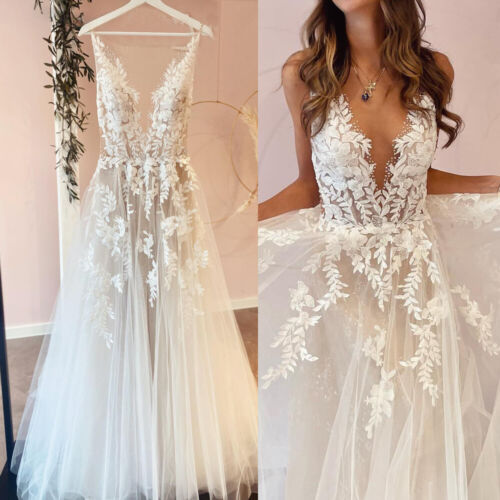 Sexy V Neck Backless Wedding Dress Lace Applique Beaded Tulle A-Line Bridal Gown - 第 1/10 張圖片