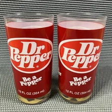 (2) Vintage 1970s Dr. Pepper Advertising 12 Oz Drinking Glass "Be A Pepper" NOS