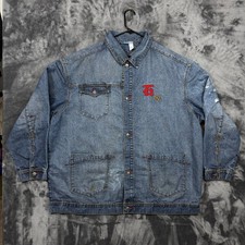 Rocawear Denim Jacket Mens 3XL Blue Distressed Embroidered Logo Y2K Streetwear