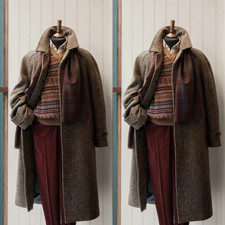 Vintage Brown Tweed Men's Long Overcoats Herringbone Outdoor Casual Warm Coats