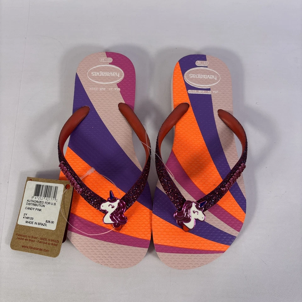 Havaianas Slim Glitter Unicorn Kids Size 2Y Pink Candy Slip On Flip Flops-NEW - Image 4 of 4