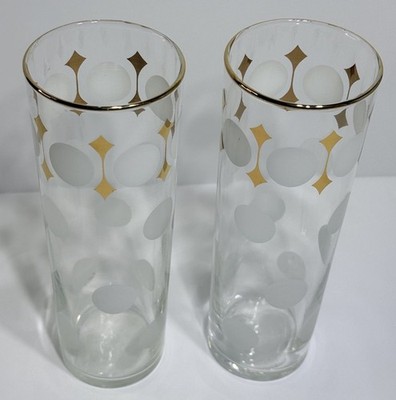 2 Libbey Retro Highball Glasses MCM White Polka Dot & Gold Design 7'' Tall
