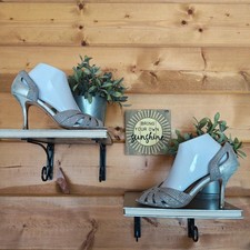 Badgley Mischka Tatiana Open Pump Gray Leather D'Orsay Rhinestone Heel Sz 8.5 M